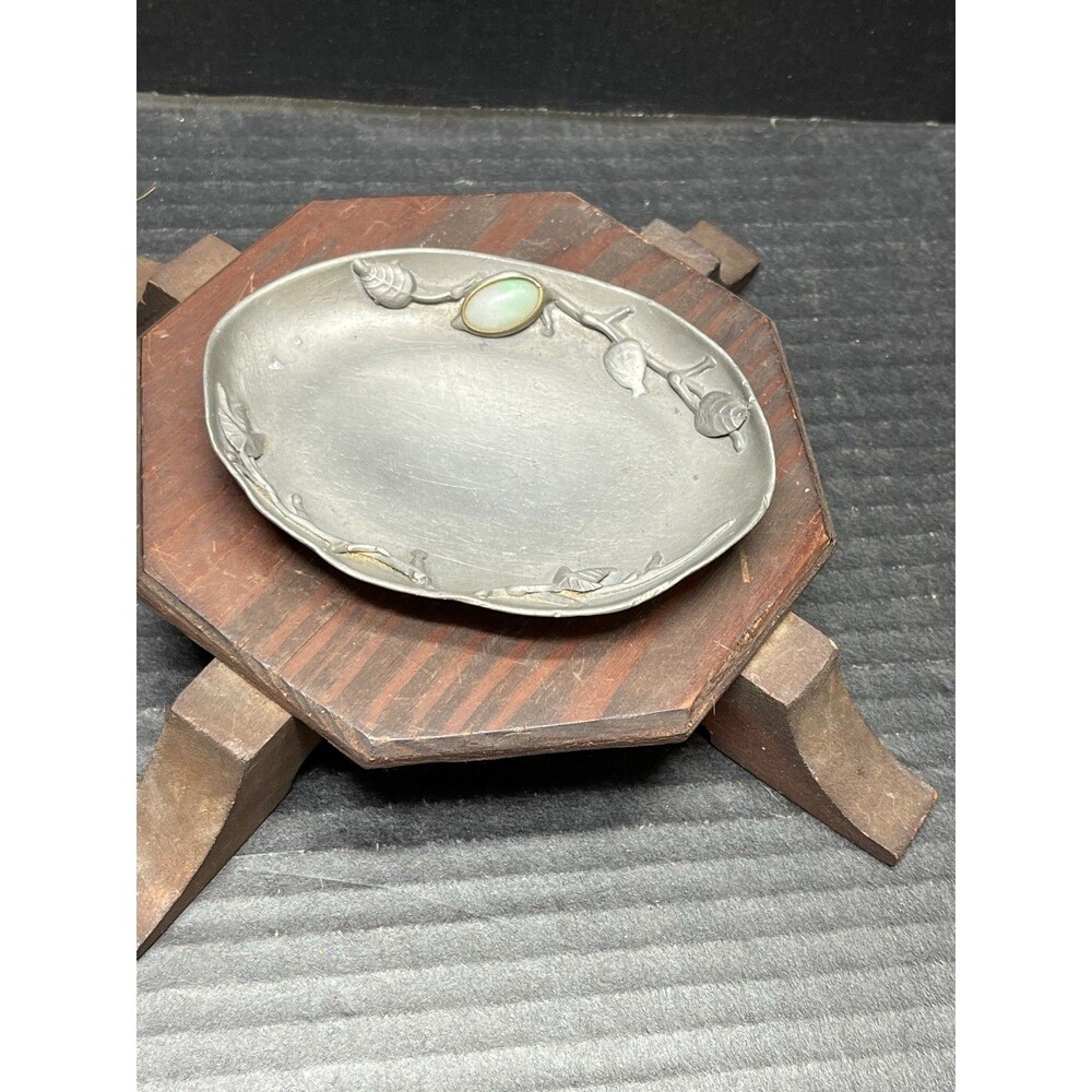 Vintage Chinese Pewter & Semi Precious Stone Applied Leaves Oval Trinket Dish